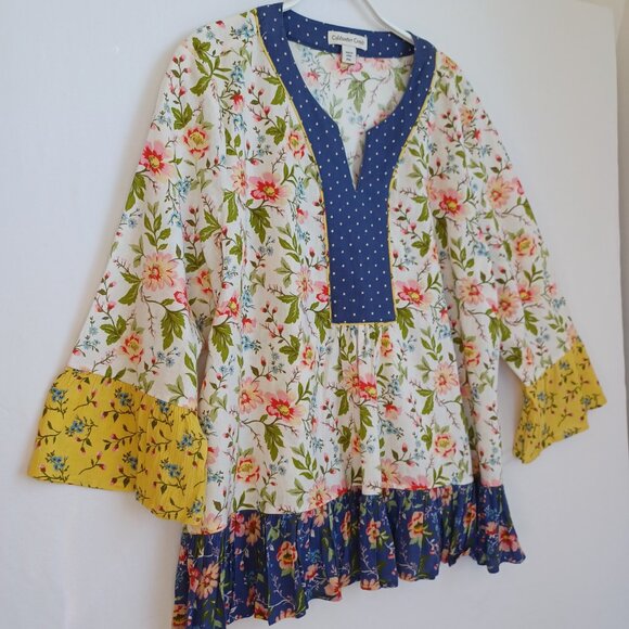 Coldwater Creek Tunic Multi Floral Mixed Media Linen Popover Top Womens PXL - Picture 5 of 10